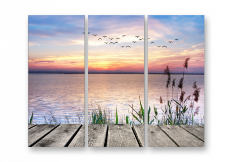 Модульная картина на стекле | Diva Kartina | Природа. Птицы над озером | 90X70 см