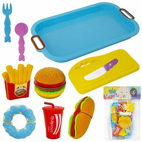 Набор продуктов Miss Kapriz детский Фастфуд: гамбургер, хот-дог, пончик, картошка фри, стаканчик газированной воды, вилка, ложка, нож, поднос