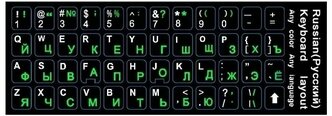 Наклейки на клавиатуру черный фон, буквы белые англ, зеленые русские