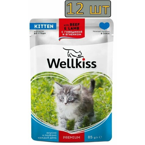 12 штук Wellkiss Kitten Влажный корм (пауч) для котят, с ягненком и говядиной в соусе, 85 гр.