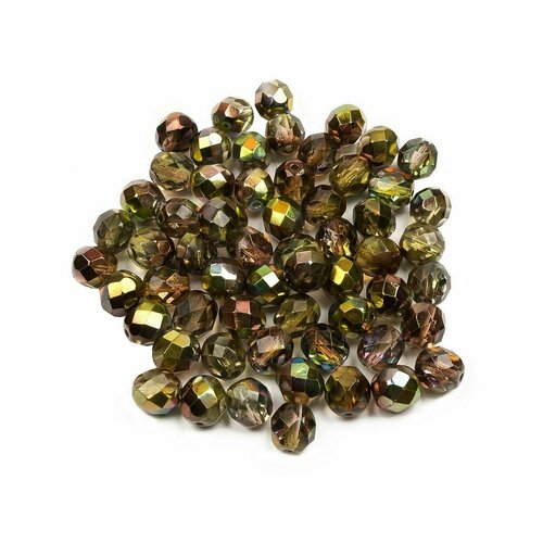 Стеклянные чешские бусины, граненые круглые, Fire polished, 8 мм, цвет Crystal Magic Green, 60 шт.