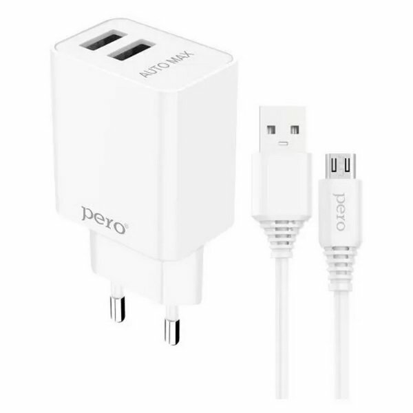 Сетевое зарядное устройство TC02, 2 USB, 2.1 А, кабель microUSB, белое