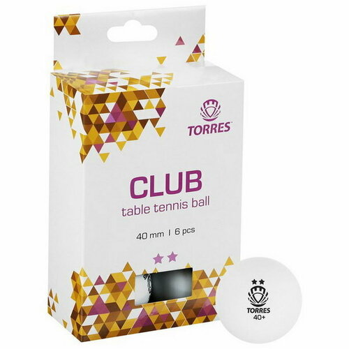 фото Мяч для настольного тенниса club, 2 звезды, 40 мм, 6 шт, цвет белый torres