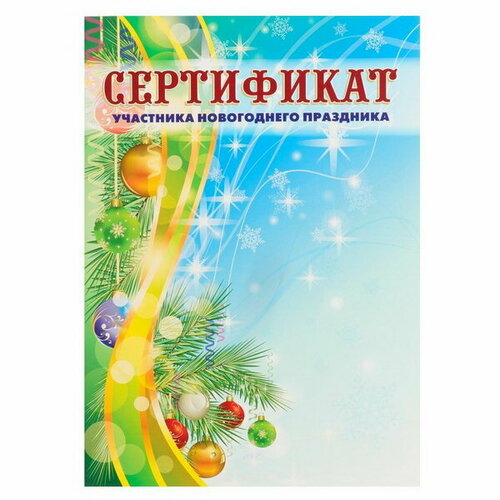 Сертификат "Участника новогоднего праздника" хвоя, новогодние игрушки, А4, 20 шт.