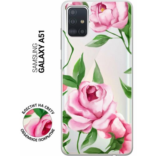 силиконовый чехол на samsung galaxy a51 самсунг а51 silky touch premium с принтом amazing peonies красный Силиконовый чехол на Samsung Galaxy A51, Самсунг А51 с 3D принтом Amazing Peonies прозрачный