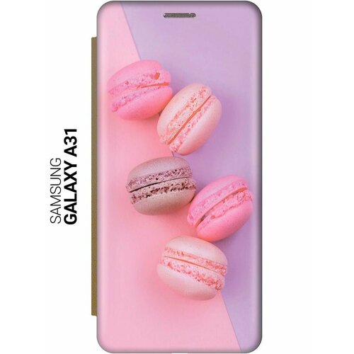 Чехол-книжка на Samsung Galaxy A31, Самсунг А31 c принтом Розовые макаруны золотистый чехол книжка на samsung galaxy a31 самсунг а31 c принтом розовые и фиолетовые филаки золотистый