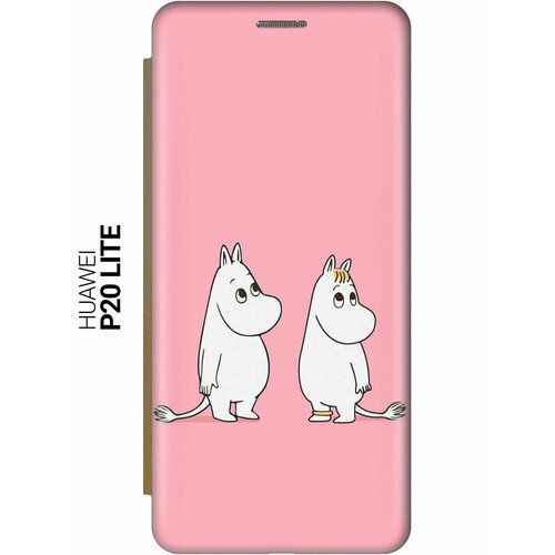 Чехол-книжка на Huawei P20 Lite, Nova 3e, Хуавей П20 Лайт, Нова 3Е c принтом Муми-тролли на розовом золотистый чехол книжка на huawei p20 lite nova 3e хуавей п20 лайт нова 3е c принтом муми тролли на розовом золотистый