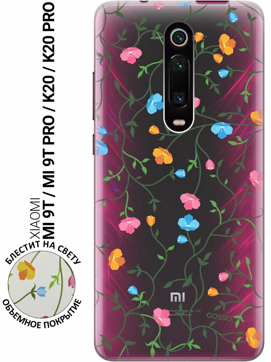 Ультратонкий силиконовый чехол-накладка Transparent для Xiaomi Mi 9T / Mi 9T Pro / K20 / K20 Pro с 3D принтом "Сurly Flowers"