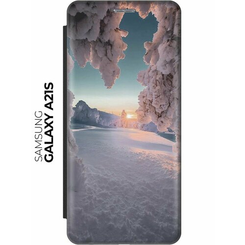 Чехол-книжка Заснеженные ветви на закате на Samsung Galaxy A21s / Самсунг А21с черный чехол книжка заснеженные ветви на закате на samsung galaxy s10e самсунг с10е черный
