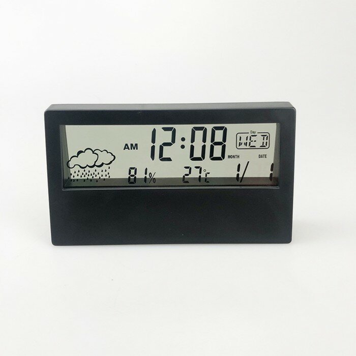 Часы настольные электронные: будильник, термометр, календарь, гигрометр, 13.3х7.4 см, черные