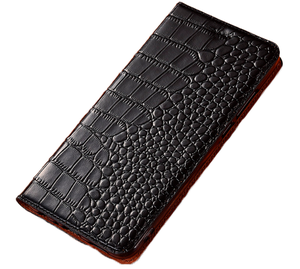 Фото Чехол-книжка MyPads Premium Croco di lusso для Samsung Galaxy S22 Ultra из натуральной кожи с фактурной прошивкой рельефа кожи крокодила черный