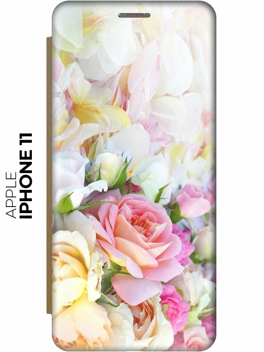 Чехол-книжка на Apple iPhone 11 / Эпл Айфон 11 с рисунком "Нежные розы" золотой