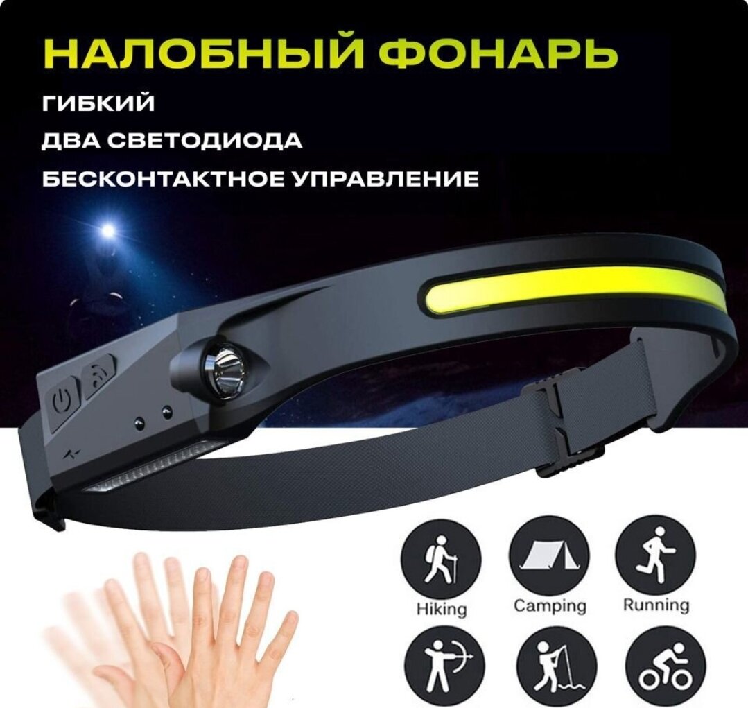 фото Мощный светодиодный фонарь налобный с USB зарядкой и с аккумуляторными батареями, влагозащита, включение по взмаху, гибкий для рыбалки и охоты