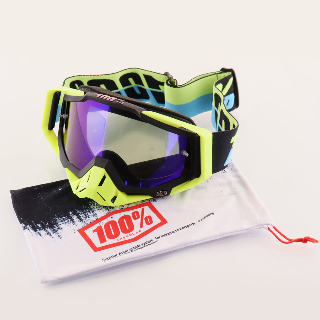 Очки защитные для мотоспорта горнолыжного спорта сноубординга экстремального спорта 100% (зеленый-синий-белый стекло синее +чехол)