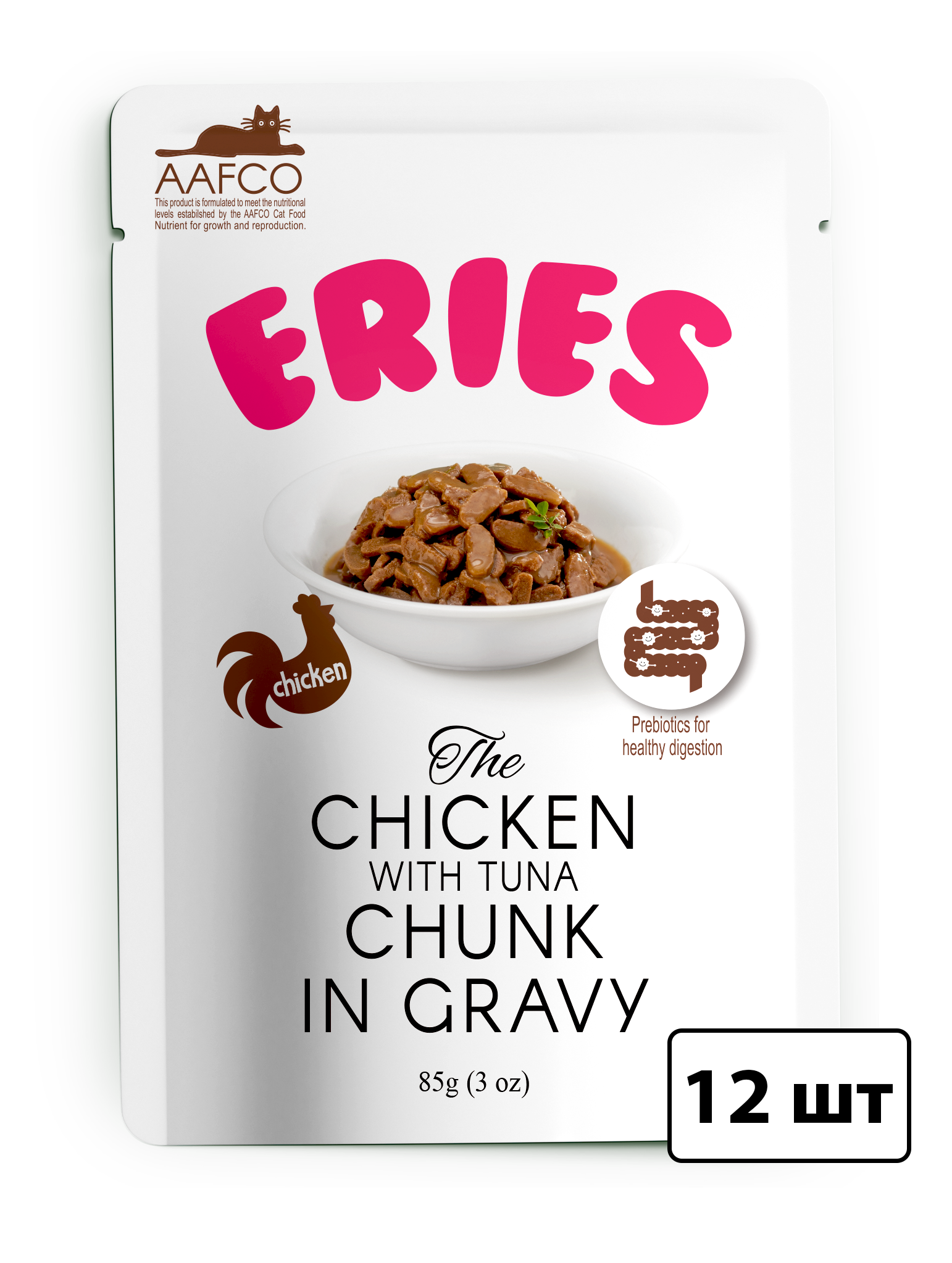 фото Pettric Eries влажный корм для котят и кошек, кусочки в соусе, курица и тунец (12шт в уп) 85 гр