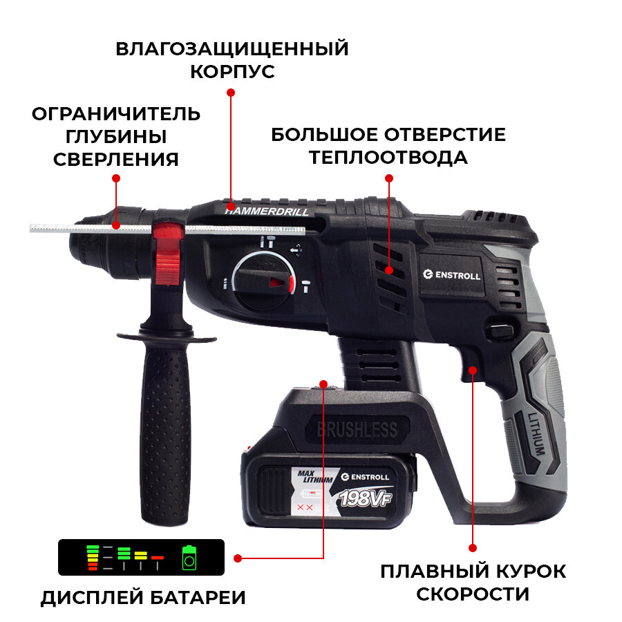 Перфоратор аккумуляторный Enstroll в кейсе, Дрель, Перфоратор для бетона - фотография № 4