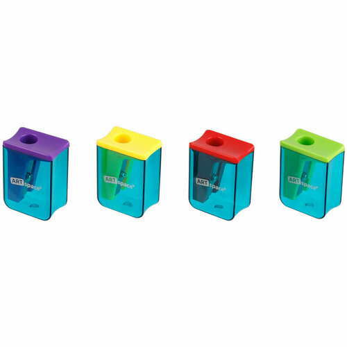 Точилка пластиковая ArtSpace "Case", 1 отверстие, с контейнером, ассорти 4 цвета, 24 шт.