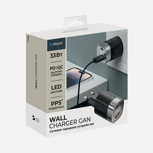 Изображение товара Сетевое зарядное устройство с USB-С+USB-A, PD 3.0, QC 3.0, 33W Deppa, LED дисплей, поддержка PPS, черн