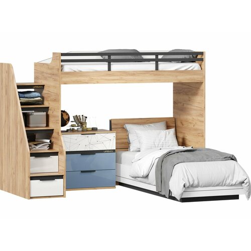 Урбан Кровать-чердак с кроватью односпальной и комодом (правая Белый/Черный/Капри Синий)