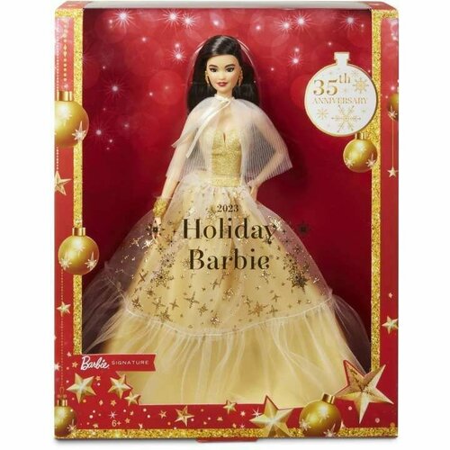 фото 2023 holiday barbie doll, seasonal collector gift, golden gown and black hair - праздничная кукла барби 2023 золотое платье и черные волосы hjx11