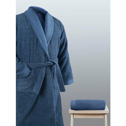 Халат Safia Home, длинный рукав, карманы, банный халат, пояс/ремень, размер 50/52, синий