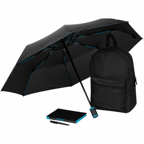 Набор Skywriting, черный с бирюзовым, рюкзак: 29х41х10 см; зонт в сложенении: 28 см, полиэстер; эпонж, пластик, стеклопластик; пластик, покрытие софт большая кругосветка чемоданчик путешественника