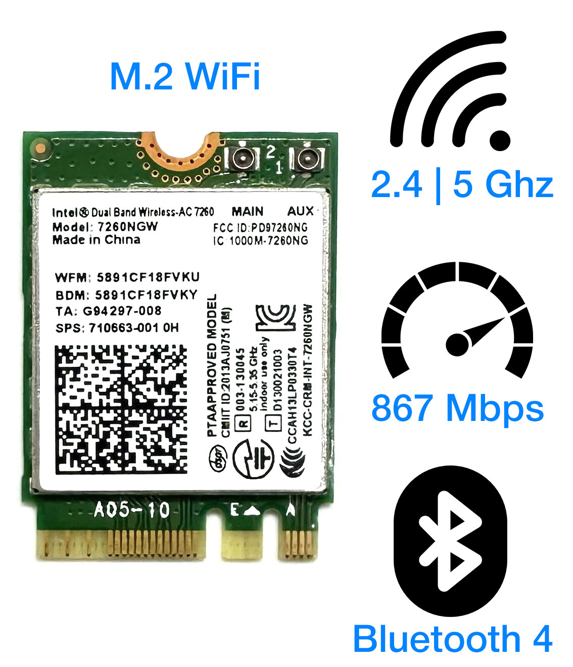 Адаптер WiFi Intel Dual Band Wireless-AC 7260 (M.2 B/G/N/AC 867 Mbit/s 2.4/5Ghz) 7260NGW. AC