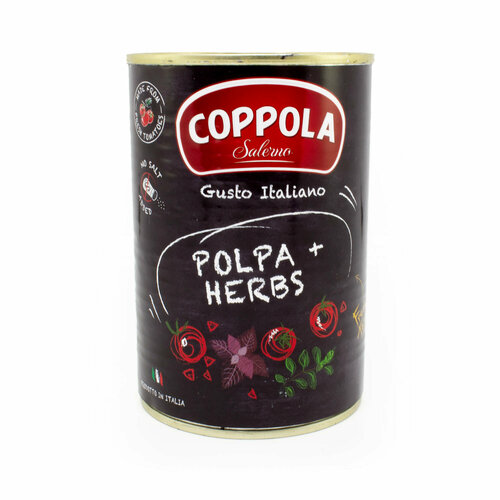 Томаты резаные Польпа с травами COPPOLA, 0,4 кг/0,24 кг/0,425 л (ж/б)