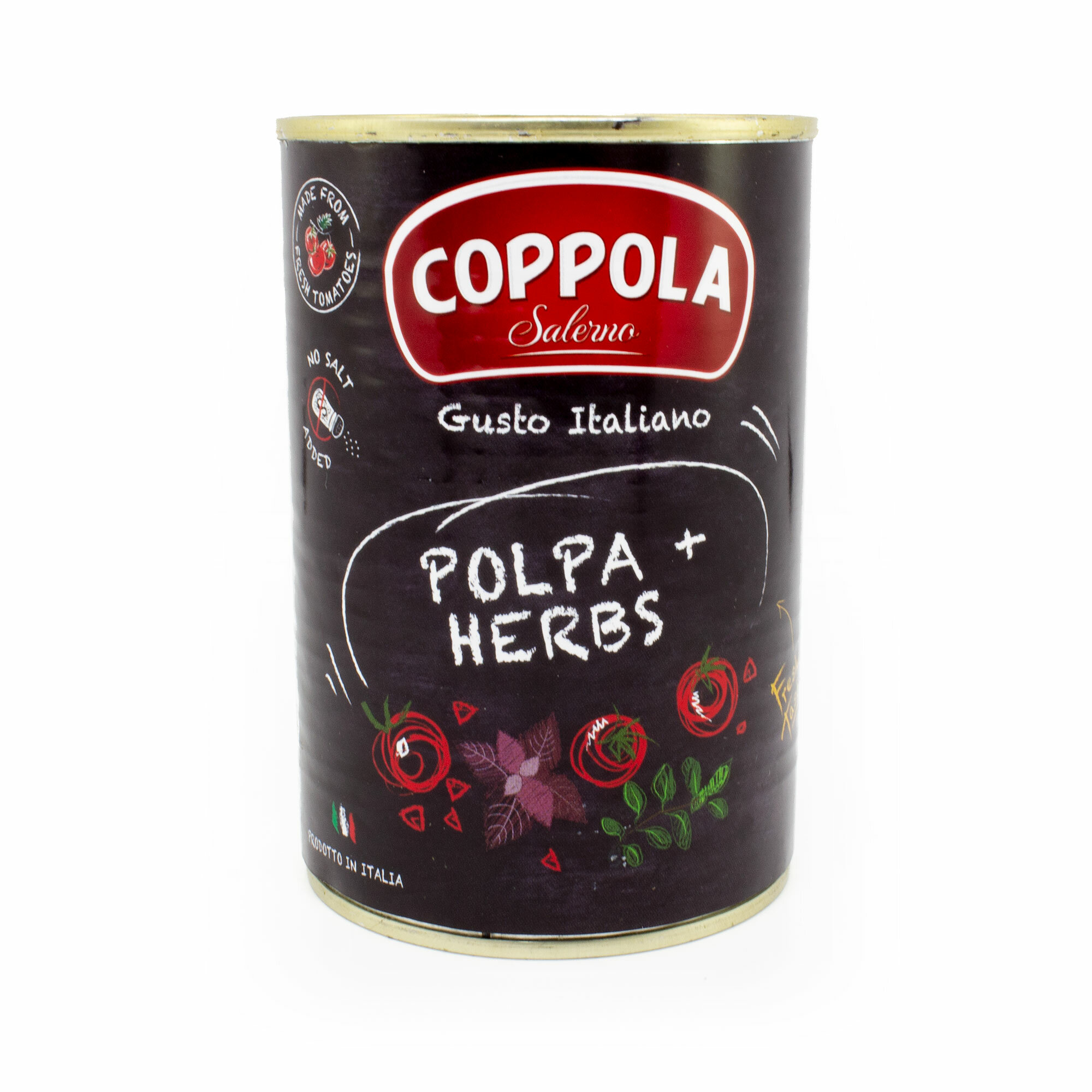 Томаты резаные Польпа с травами COPPOLA, 0,4 кг/0,24 кг/0,425 л (ж/б)