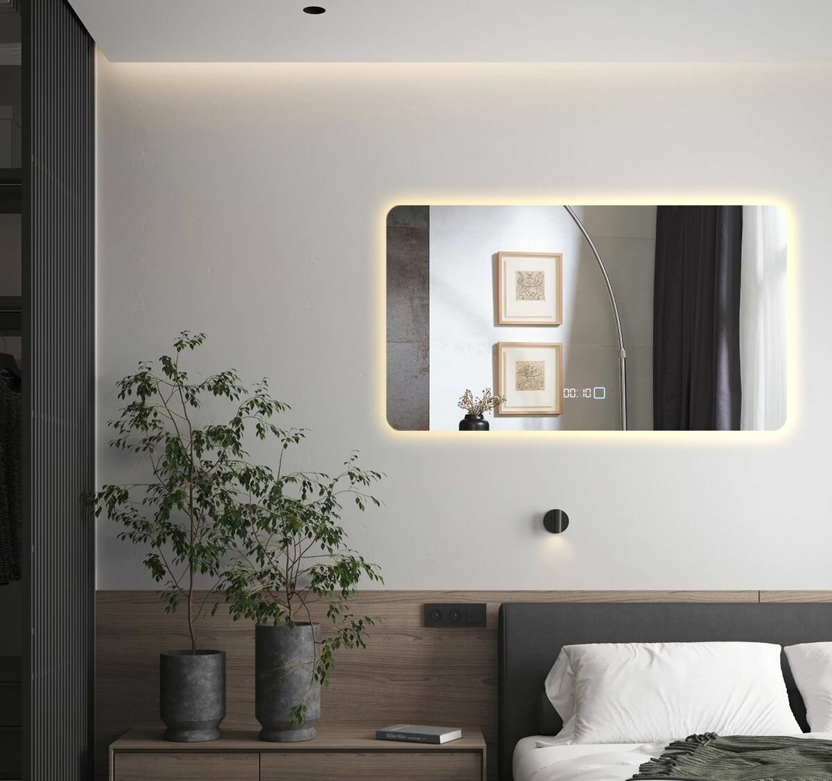 Зеркало для ванной с часами Prisma 90*140 прямоугольное горизонтальное "парящее" с тёплой LED-подсветкой