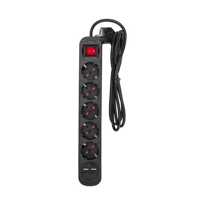 Удлинитель Rexant Standart 5 гнезд, 2 USB, с заземлением, с выключателем, 3х1,0мм², черный (1,5м)