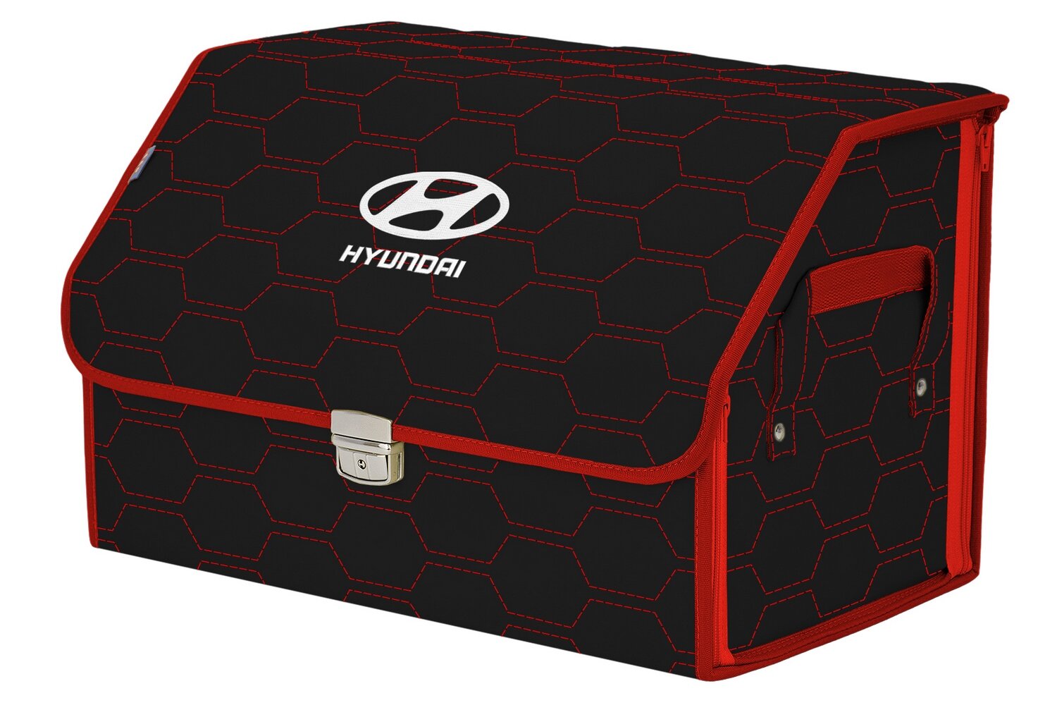 Органайзер-саквояж в багажник "Союз Премиум" (размер L). Цвет: черный с красной прострочкой Соты и вышивкой Hyundai (Хендай).