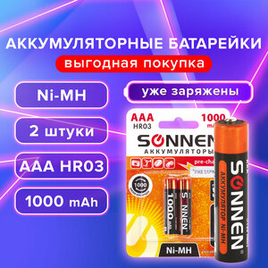 Батарейки аккумуляторные Ni-Mh мизинчиковые Комплект 2 шт, Aaa (HR03) 1000 mAh, Sonnen, 454237