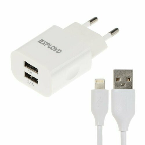 Сетевое зарядное устройство Exployd EX-Z-467, 2 USB, 3.1 А, кабель Lightning, 1 м, белое (комплект из 4 шт) белый