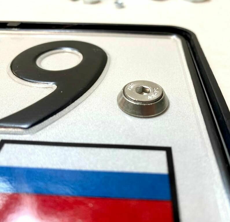 Крепеж номерного знака из нержавейки. Винты 6х14 + Обычные гайки + Конусные шабы + Ключ — фото 1