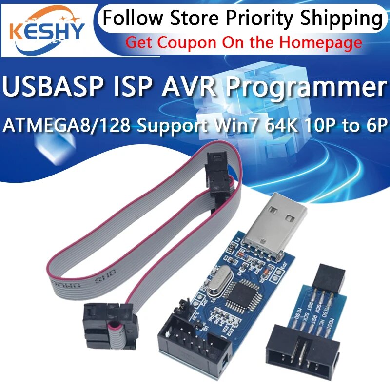 Программатор USBASP USBISP AVR USBISP ATMEGA8 ATMEGA128 с поддержкой Win7 64K 10-контактная до 6-контактного адаптера, 1set — фото 1