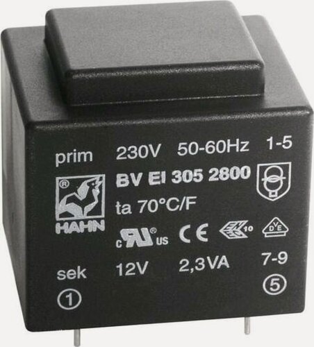 Изображение товара Трансформатор HAHN BV EI 305 2052 залитый, 3ВА, 230ВAC, 12В, Монтаж PCB, IP00, 1 шт
