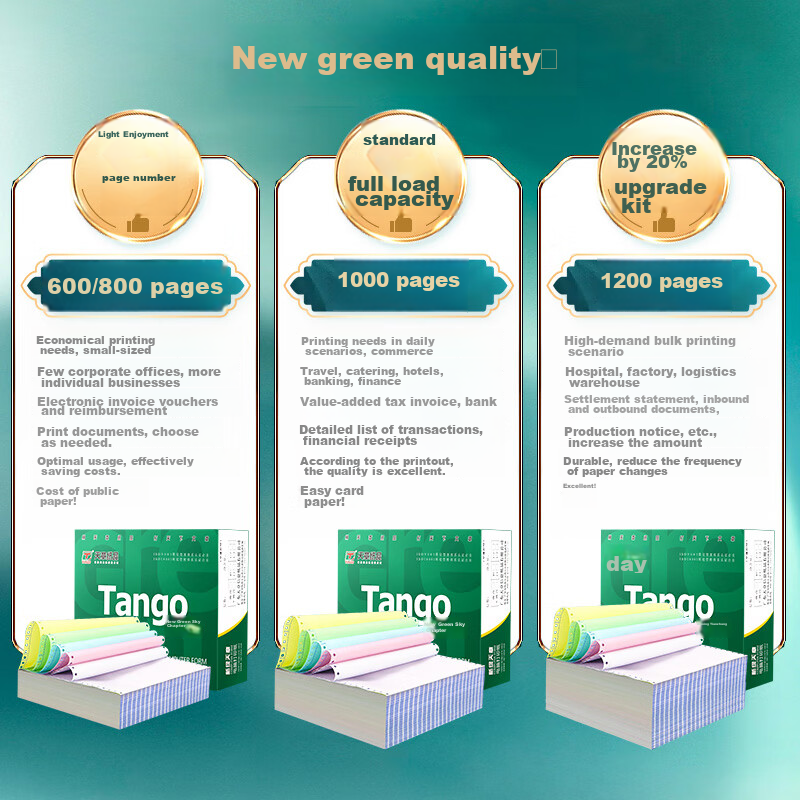 TANGO [Double Page Replacement] New Green TANGO Three-Part Two-Equal Non-Tear-Edge Dot Matrix Computer Printing Paper, 1000 Pages, 241-3 Color (White-Red Yellow) Customizable — фото 1