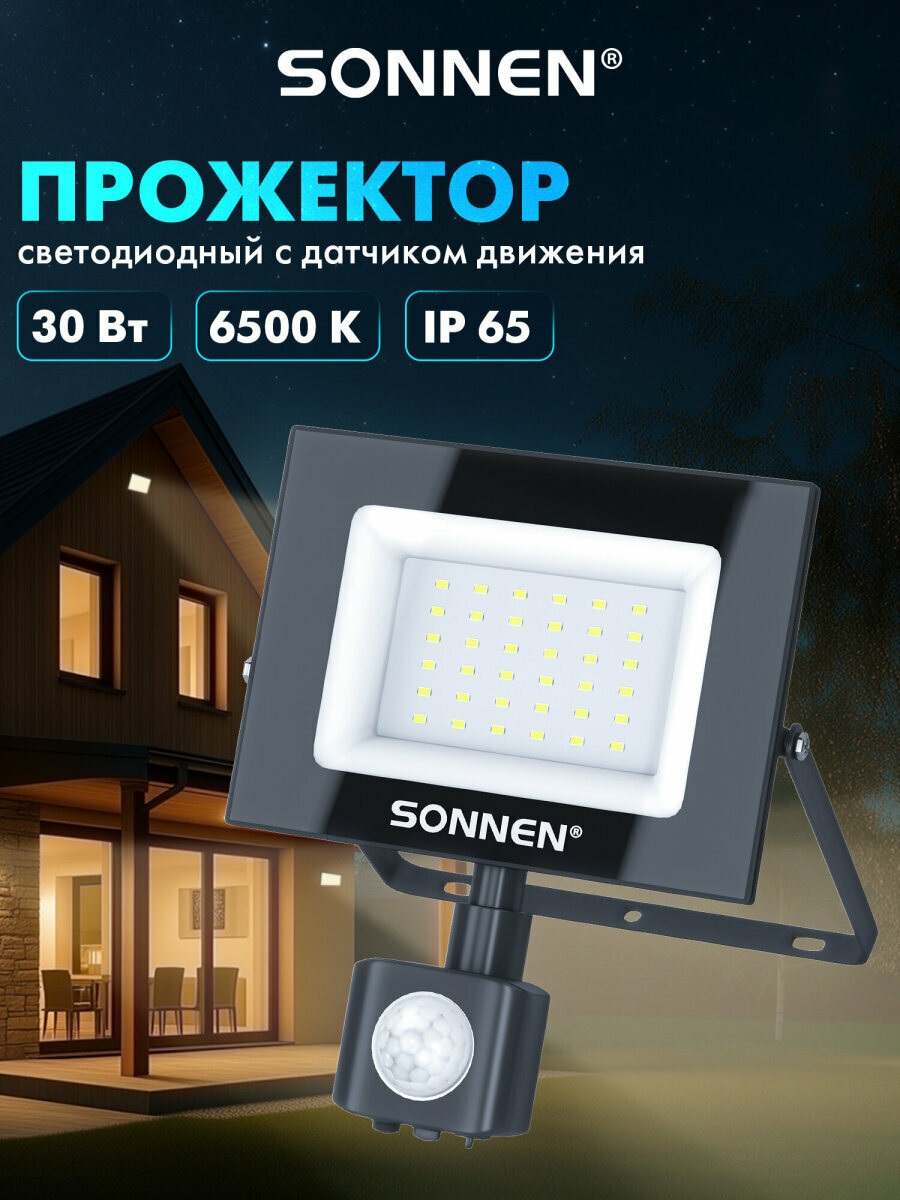 Прожектор светодиодный уличный с датчиком движения led 30Вт 6500К 2400Лм 30 м2 IP65 161х146х51 мм Sonnen 238417
