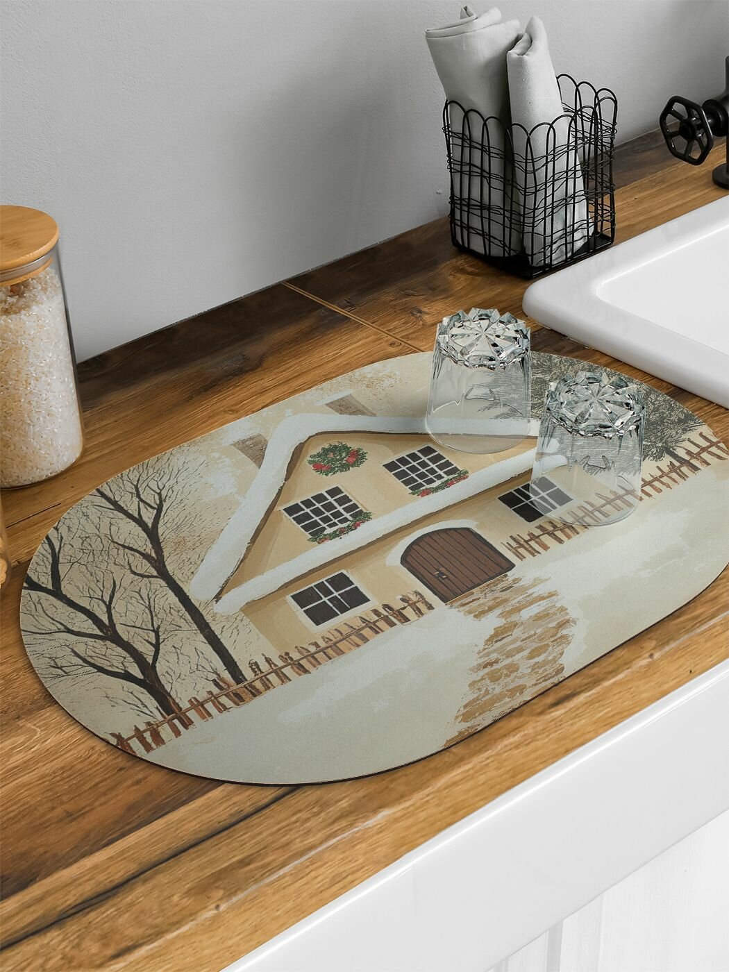 Коврик овальный для сушки посуды "Зимний коттедж" 58x38, JoyArty, серия Новый год и Рождество