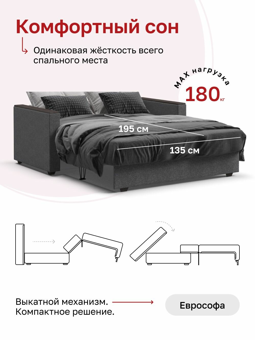 Диван-кровать Атланта-2 Лайт, с ящиком для хранения, еврософа, рогожка Malmo серый, 155х95х89 см — фото 1