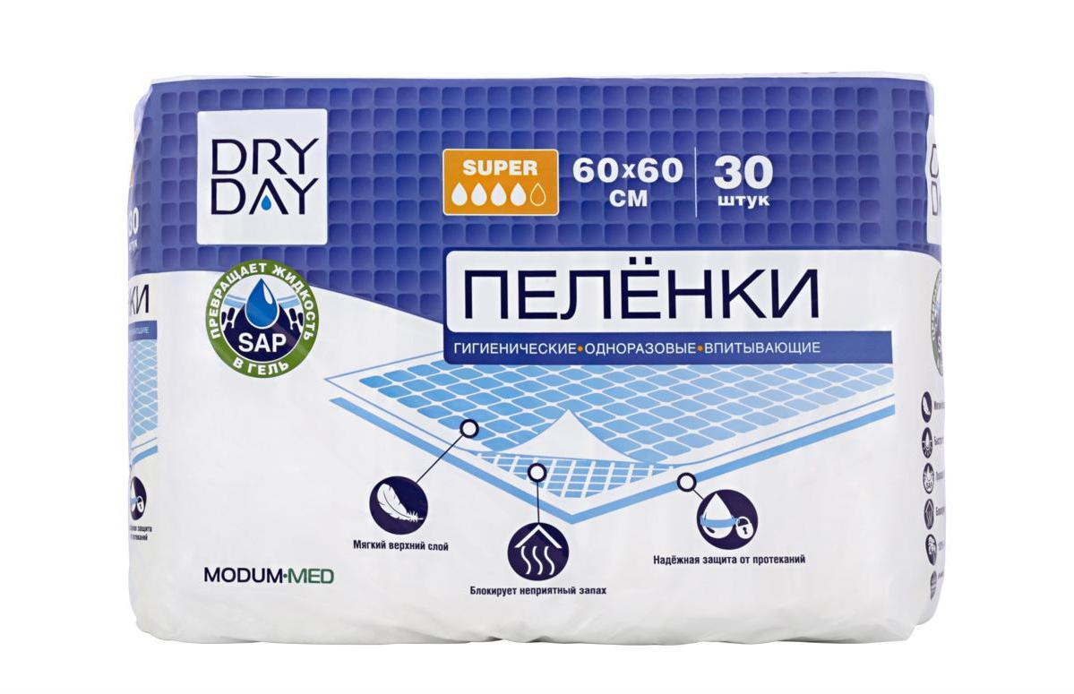 Пеленки Modum Dry Day Super, 60 х 60 см, 4 капель, 30 шт.