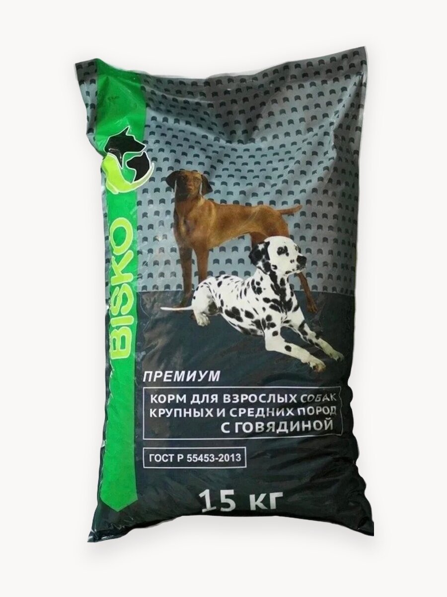 Биско Премиум с говядиной 15 кг. Корм сухой для взрослых собак крупных и средних пород.