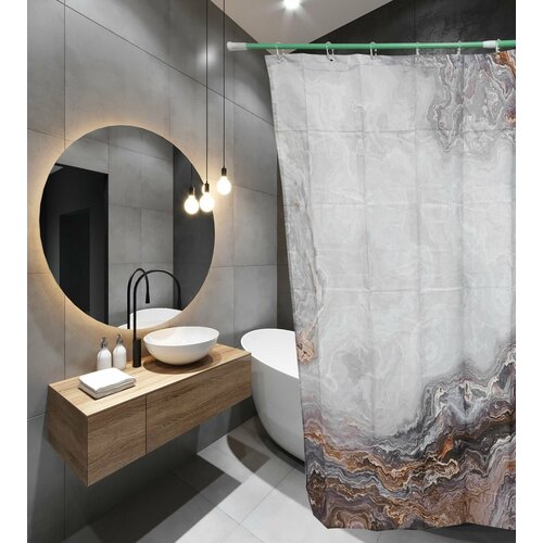 Штора для ванной комнаты 180х180 фотопринт Polyester 20089 с кольцами Коричневый мрамор (П202) SANTREK HOME