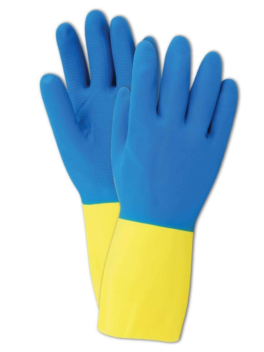 Перчатки хозяйственные латексные для мытья посуды, для уборки, для садовых работ, резиновые латексные, размер L, сине-желтые