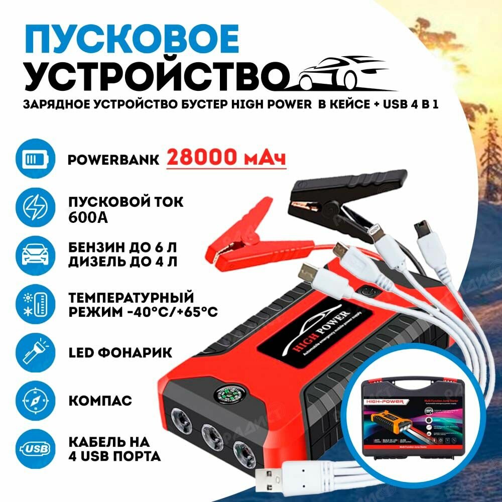 Пусковое зарядное устройство бустер High Power с функцией POWERBANK (28000 мАч) / Пуско зарядное устройство