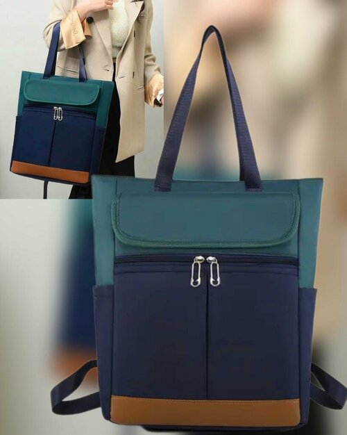 Рюкзак  тоут , отделение для ноутбука, вмещает А4, внутренний карман, синий, зеленый