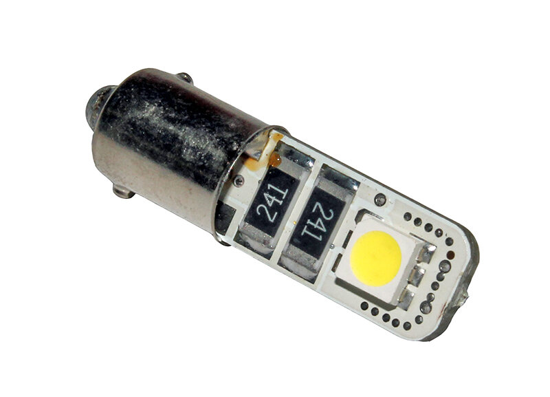 Светодиод 12V T4W BA9s 2SMD (повт. ук. пов. габар.) белый (size 5050) c резистором (YADA)