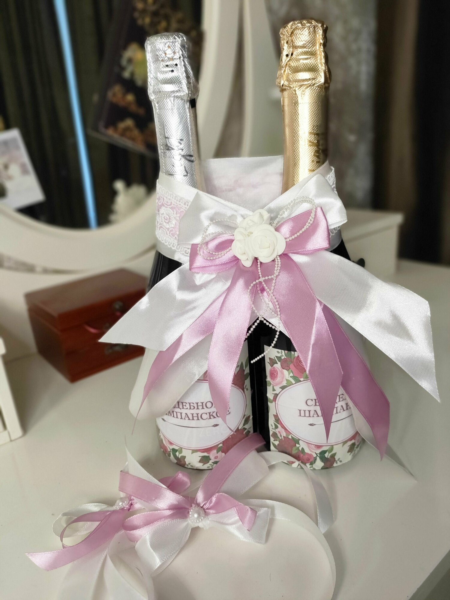 Лента для шампанского+бантики на бокалы "Розовая лав"