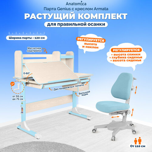 Комплект Anatomica парта + кресло, цвет клен/голубой со светло-голубым креслом